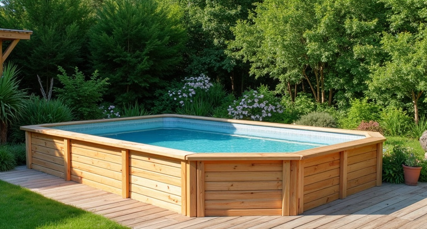 Piscine bois relookée, liner gris clair